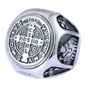 Vintage silver Saint Benedict medal ring in stainless steel with religious relief engraving