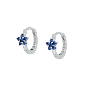 Close-up of 925 sterling silver hoop earrings with blue zircon flower petal design