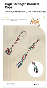 Detail of red and green braided cotton rope toys for dog teeth cleaning and dental care