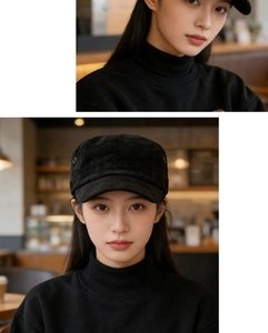 Detail of black suede cadet cap with metal eyelets and flat top on a model