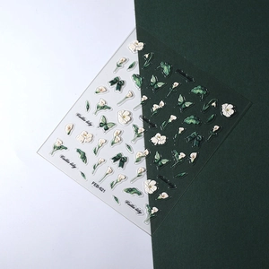 3D floral nail stickers featuring white calla lily, green leaves, and bows FEB-621