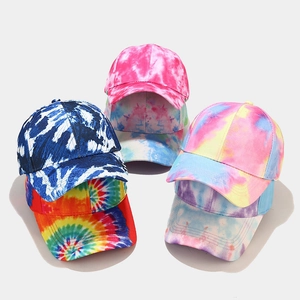 Colorful tie-dye baseball caps in six vibrant patterns with curved brims for summer