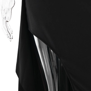Detail view of the elegant high-slit hem on a sleek black sexy bodycon dress