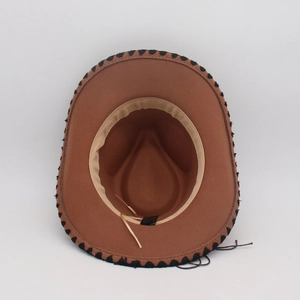 Detailed interior view of brown felt cowboy hat with stitched brim and inner sweatband