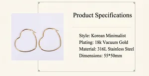 Detail view of 18k gold plated titanium steel heart shaped oversized hoop earrings