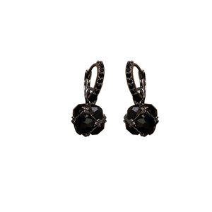 Vintage square black rhinestone drop earrings with geometric crystal details in obsidian