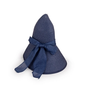 Detail of navy blue straw sun hat showing dense weave texture and large bow decoration