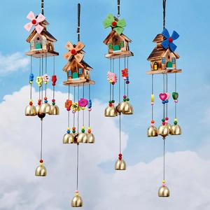 Japanese style cartoon house wind chimes with colorful windmills and metal bells set