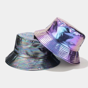 Laser Holographic PU Leather Bucket Hat Metallic Shiny Reflective Hip Hop Streetwear Punk Outdoor Sunshade Unisex