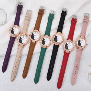 Fashion quartz ladies watch with diamond gold bezel and cat pattern in 7 color variants
