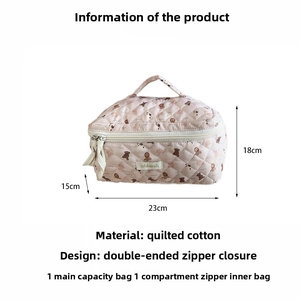 Quilted cotton bear makeup bag with double zipper closure, large capacity travel kit