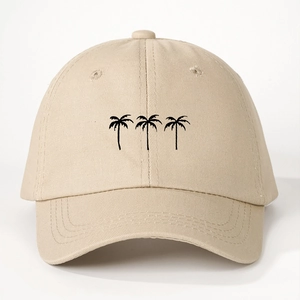 Unisex beige cotton baseball cap featuring black palm tree embroidery for outdoor sun protection