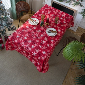 Red Christmas tablecloth with white snowflake prints for rectangular dining table decor