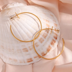 Detail of large gold hoop earrings resting on a white shell and soft pink silk backdrop