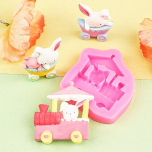 Rabbit and train silicone mold with finished 3D bunny figurines for cake and soap DIY
