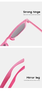 Detail of strong hinges and glitter temples on pink square frame children sunglasses