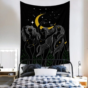 Bohemian black tapestry with golden moon and celestial female figures for bedroom decor