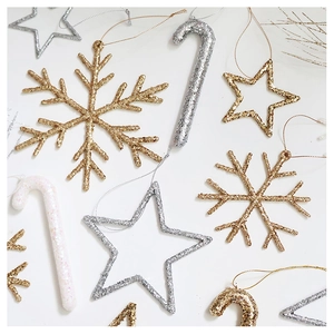 Sparkling Christmas tree ornaments with sequins in snowflake, star and candy cane shapes