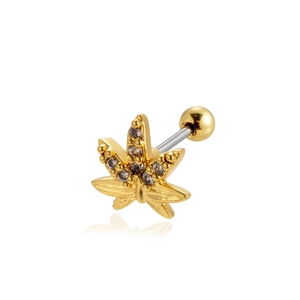 Detailed view of a gold cannabis leaf stud earring featuring sparkling inlaid crystals