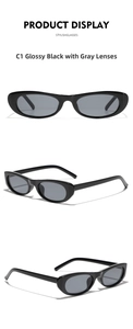 Detailed views of stylish rectangle sunglasses with bright black frames and grey lenses