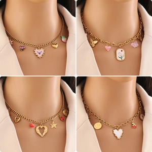 Vintage Stainless Steel Heart Butterfly Pendant Necklace Gold Plated Enamel Sweet Jewelry Clavicle Chain For Women