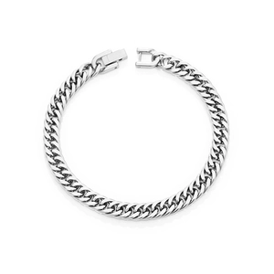 Detailed top view of a polished silver stainless steel curb chain bracelet with flat links