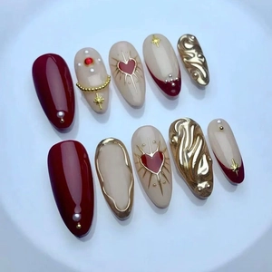 Purple Gold Press On Nails Long Almond Heart Star Artificial Pearl Rhinestone 3D Relief Glossy False Nails For Women