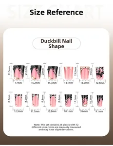 Size chart for 12 sizes of duckbill flared press-on nails with lengths and widths