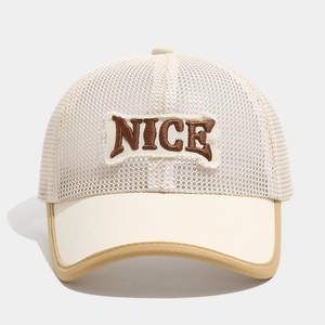 Close-up of NICE letter embroidery and breathable mesh texture on kids baseball cap