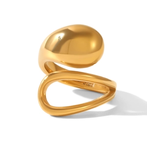 Macro shot of 18k gold plated stainless steel ring with liquid teardrop sculpture design