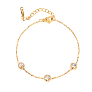 Fashionable 18K gold plated stainless steel chain bracelet with round clear cubic zirconia
