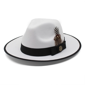 Classic white wool fedora hat with black binding and feather detail for men and women