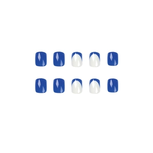 Short square blue and white French tip press-on nails with a glossy finish, set of 10