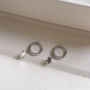 S925 Sterling Silver hoop earrings featuring textured beads and flat star pendants