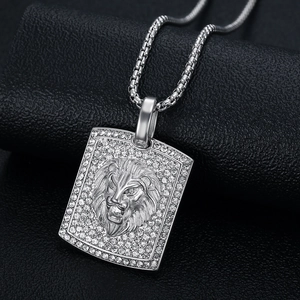 Collier hip-hop avec pendentif tête de lion, chaîne carrée en argent et oxydes de zirconium