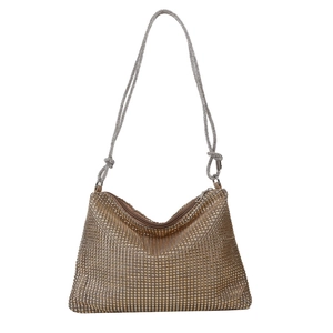 Sparkling gold rhinestone mesh handbag with crystal chain strap for women party fashion