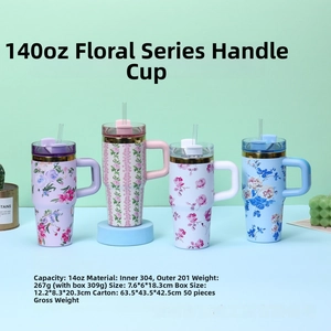 Detailed set of four 14oz stainless steel floral mugs with handles and straws
