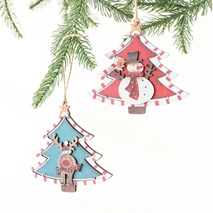 Nordic vintage painted wooden Christmas tree ornaments featuring Santa and deer motifs