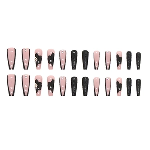 Long ballerina press-on nails with black floral 3D art, sparkling rhinestones and matte finish