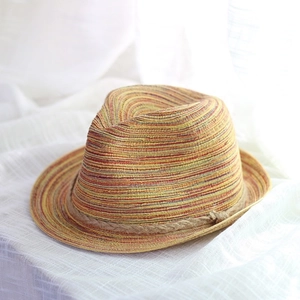 British style colorful striped straw jazz hat with curled brim and jute rope decoration