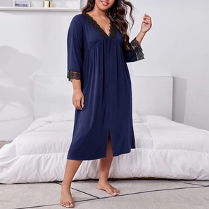 Navy blue V-neck nightgown with black lace trim on sleeves and hem for women