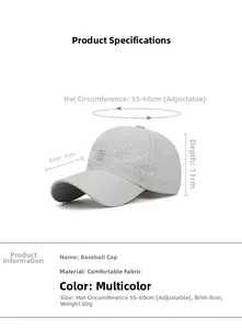 Specifiche dettagliate della taglia per cappellino da baseball grigio traspirante