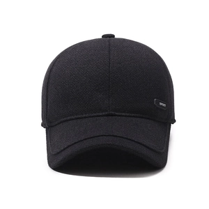 Men's winter black wool baseball cap with fleece lining and ear protection for outdoor warmth