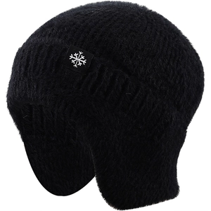 Winter black knit earflap hat with thick thermal fabric and white snowflake logo patch