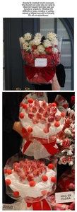 Detail of Christmas strawberry bouquet with white roses and festive plush ball decorations