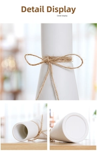 Detailed macro view of white matte ceramic vase with natural hemp rope bow and stable base