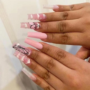 Long Coffin Press On Nails Pink Butterfly Cherry Design Glitter Glossy False Nails Manicure For Women Girls