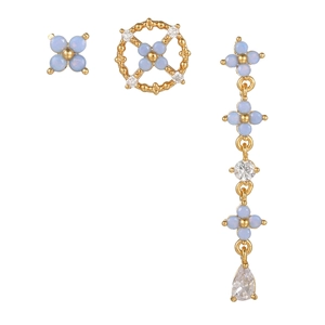 Three-piece light blue floral earring set with gold plating and teardrop zircon accents