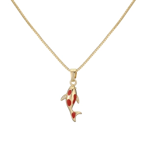 Golden koi fish pendant necklace with red enamel and sparkling zircons on white background
