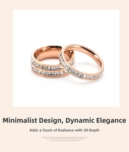 Close-up of rose gold titanium rings with single and double row diamond settings